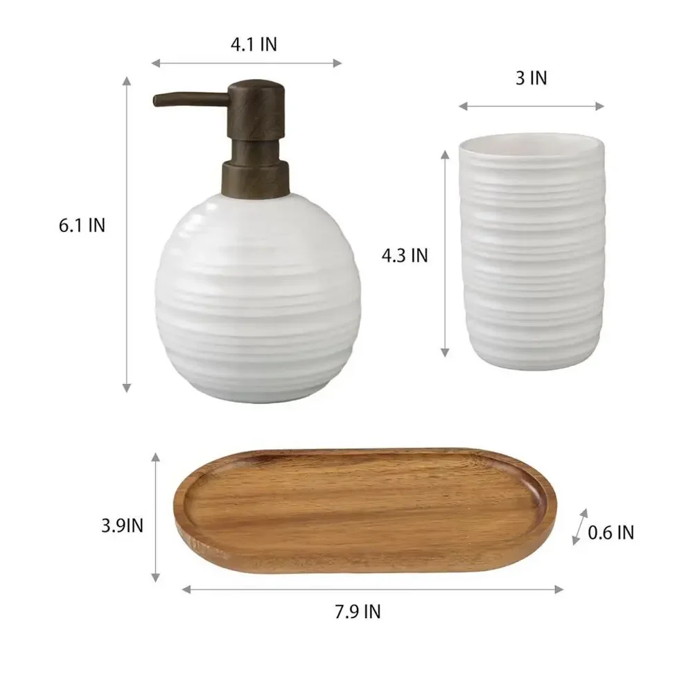 3-Piece Ceramic Bathroom‎ Set with Acacia Wood Tray Bathroom Organizer, Black